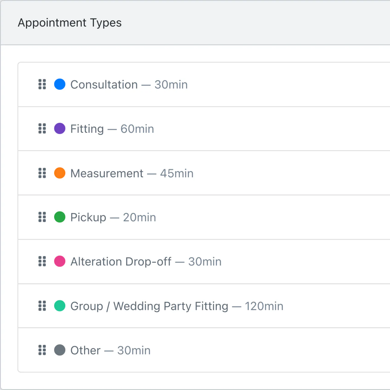 Appointment types list — consultation, fitting, measurement, pickup, alteration drop-off and group fitting — each with a colour and duration