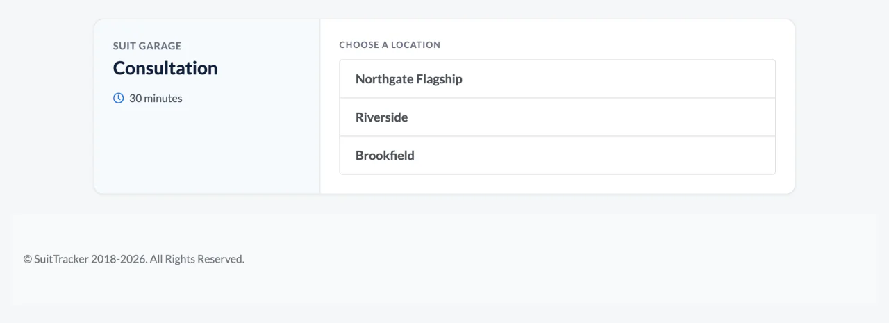 Booking page asking the customer to choose between three store locations