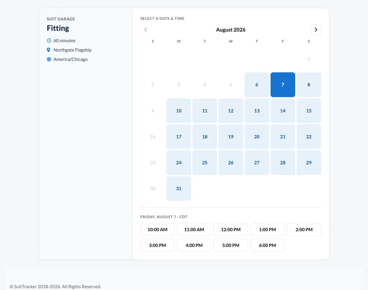 The booking page a groomsman opens from the link — a month of available days with the open time slots for the day he picks