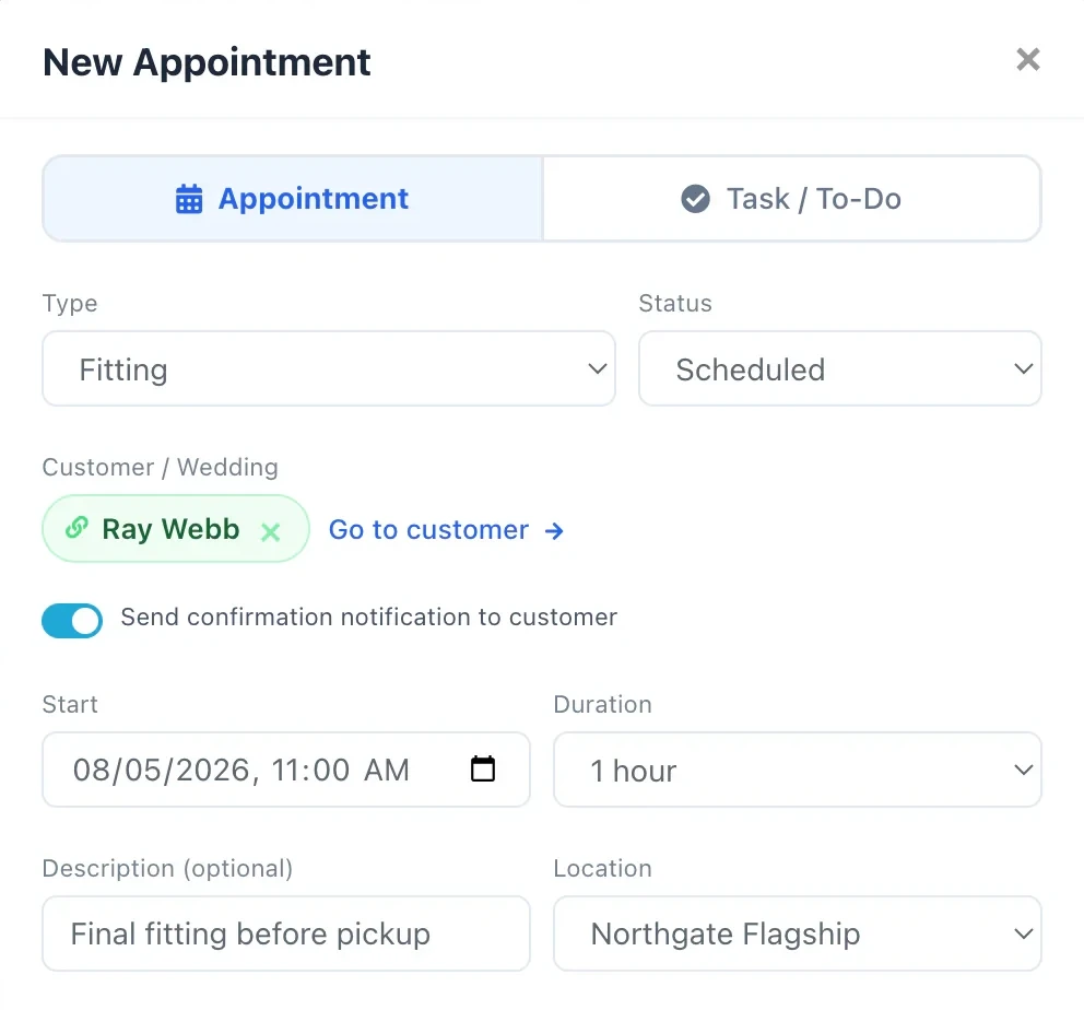 New appointment dialog with a linked customer, confirmation notification switch, start time, duration, description and location