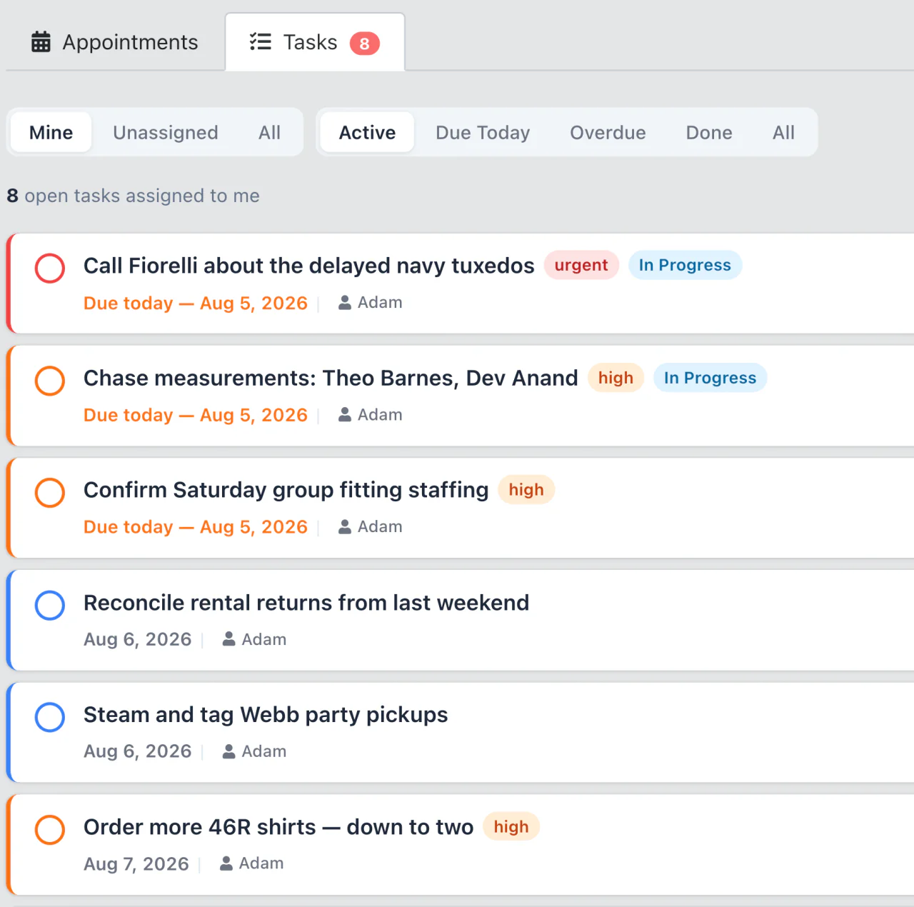 Task list with priorities, in-progress badges, due dates and assignees
