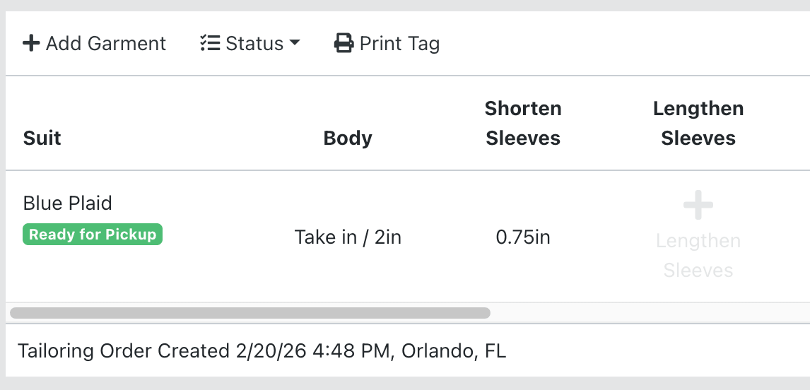 SuitTracker customer tailoring order