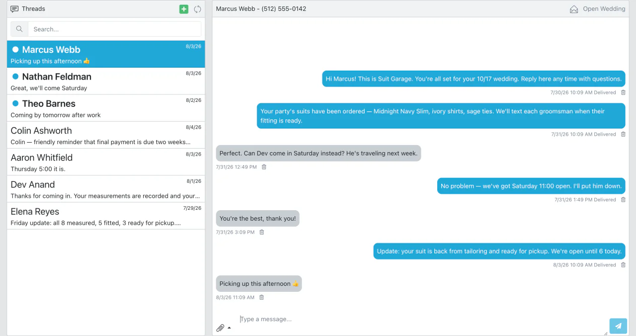 Two-way text conversation with the groom alongside a list of threads for other party members