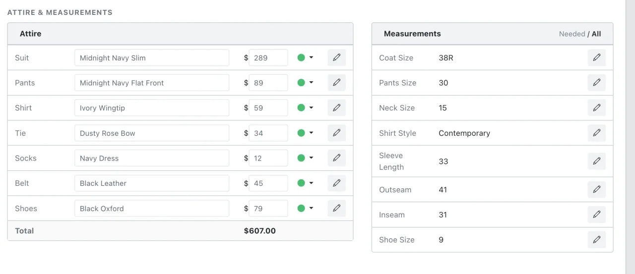 Attire list with per-item prices, order status dots and a running total, beside the recorded measurements panel