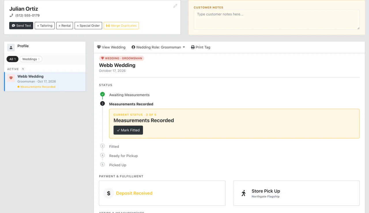 Party member record showing a five-step status timeline at step two, payment marked Deposit Received, and store pickup location